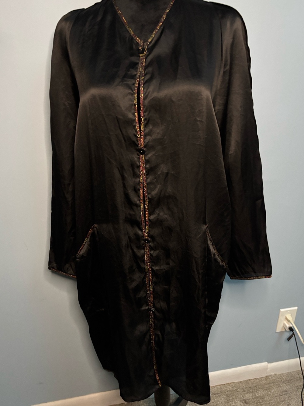 Jeffrey Roberts 100% Silk Black Long Jacket Tunic Duster Floral Trim ButtonUp